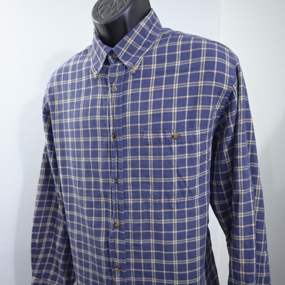 Orvis Button Up Mens Large Blue Tan Plaid Flannel Long Sleeve Dress‎ Shirt